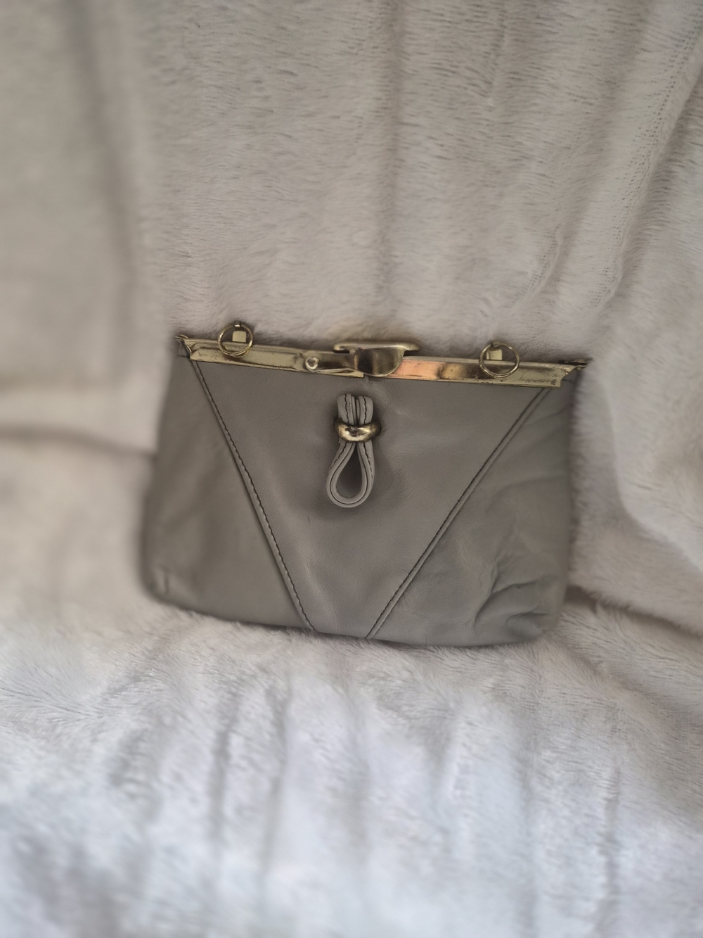 Vintage 60s 70s Taupe Leather Clutch Gold Frame Knot Detail